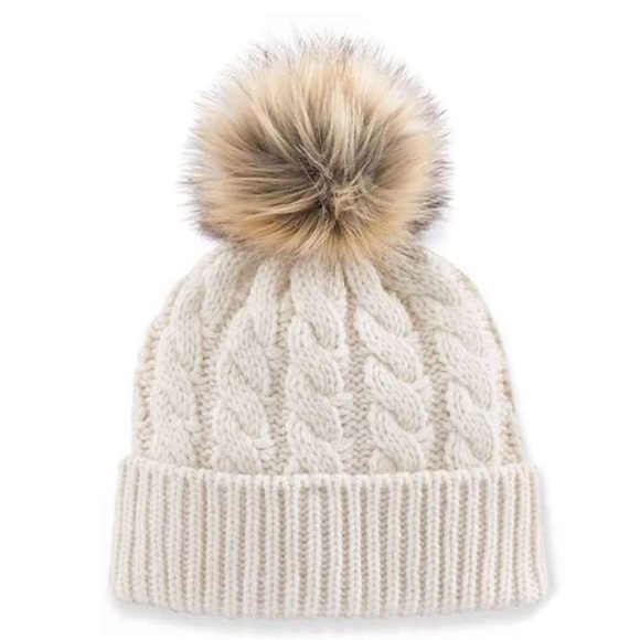 NWT Loft Cream Cable Knot Faux Fur Beanie